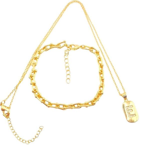 Gold initial E bracelet and necklace set - Picture 1 of 9